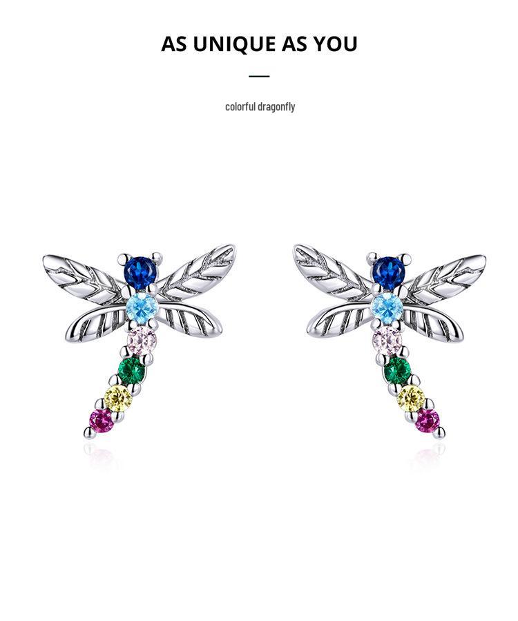 Colorful Dragonfly Sterling Silver Stud Earrings with Zircon Inlay