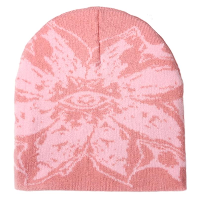 Unisex Jacquard Eye Flower Pattern Knitted Beanies Hat Fashionable Winter Warm Hiphop Bonnet Skull Hat for Men and Women