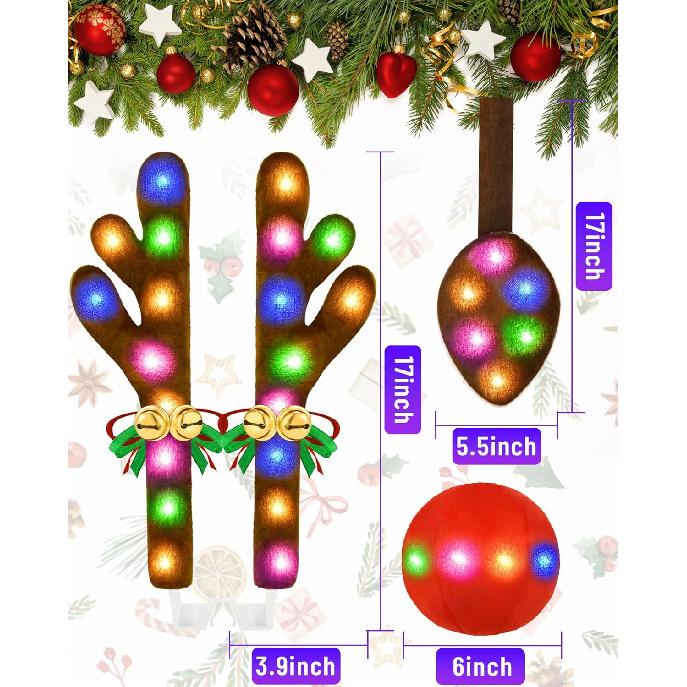 Christmas Reindeer Antlers Car Decoration Kit, IP44 Waterproof LED Lights Nose Vehicle With Jingle Bells Rudolph, Auto Holiday Accessories For SUV