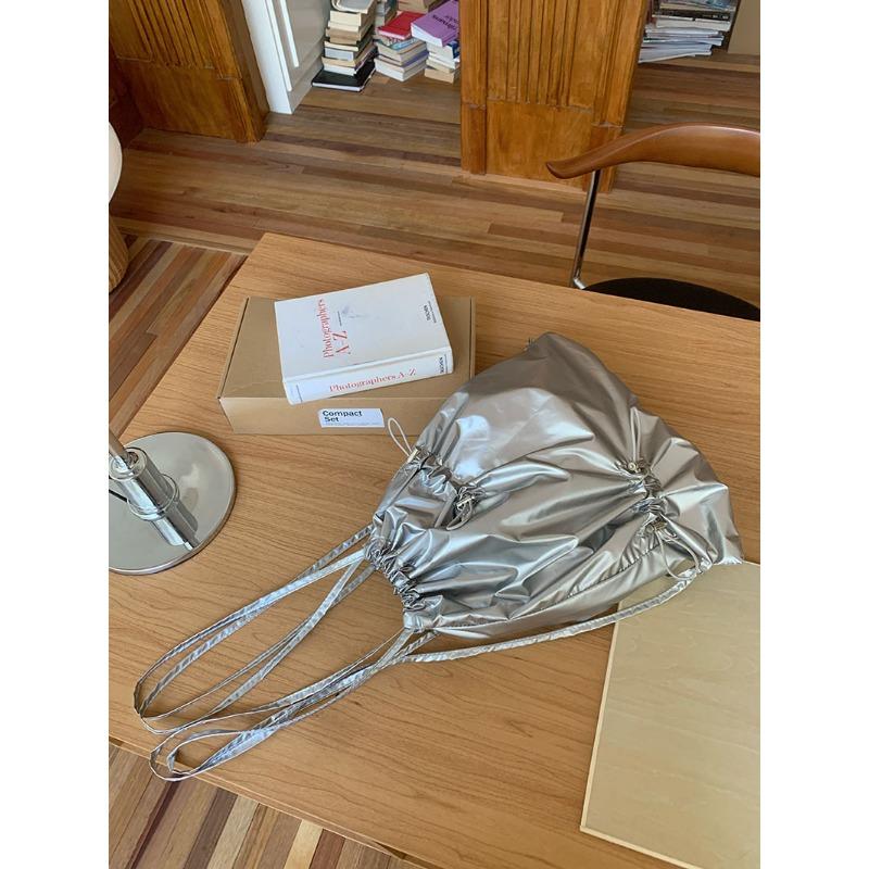 Korean Ins Niche Design Drawstring Pleated Silver Backpack for Women Commuting Versatile Casual Small Backpack