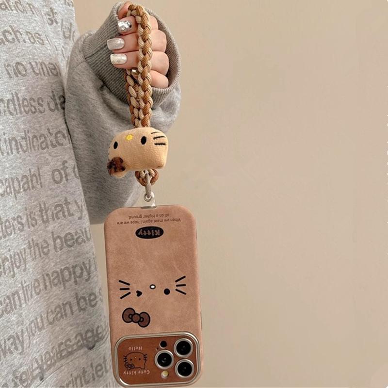 MINISO Hello Kitty Phone Case For iPhone 16 15 14 12 13 11 Pro Max Brown Retro Artificial Leather Cover With Hand Strap