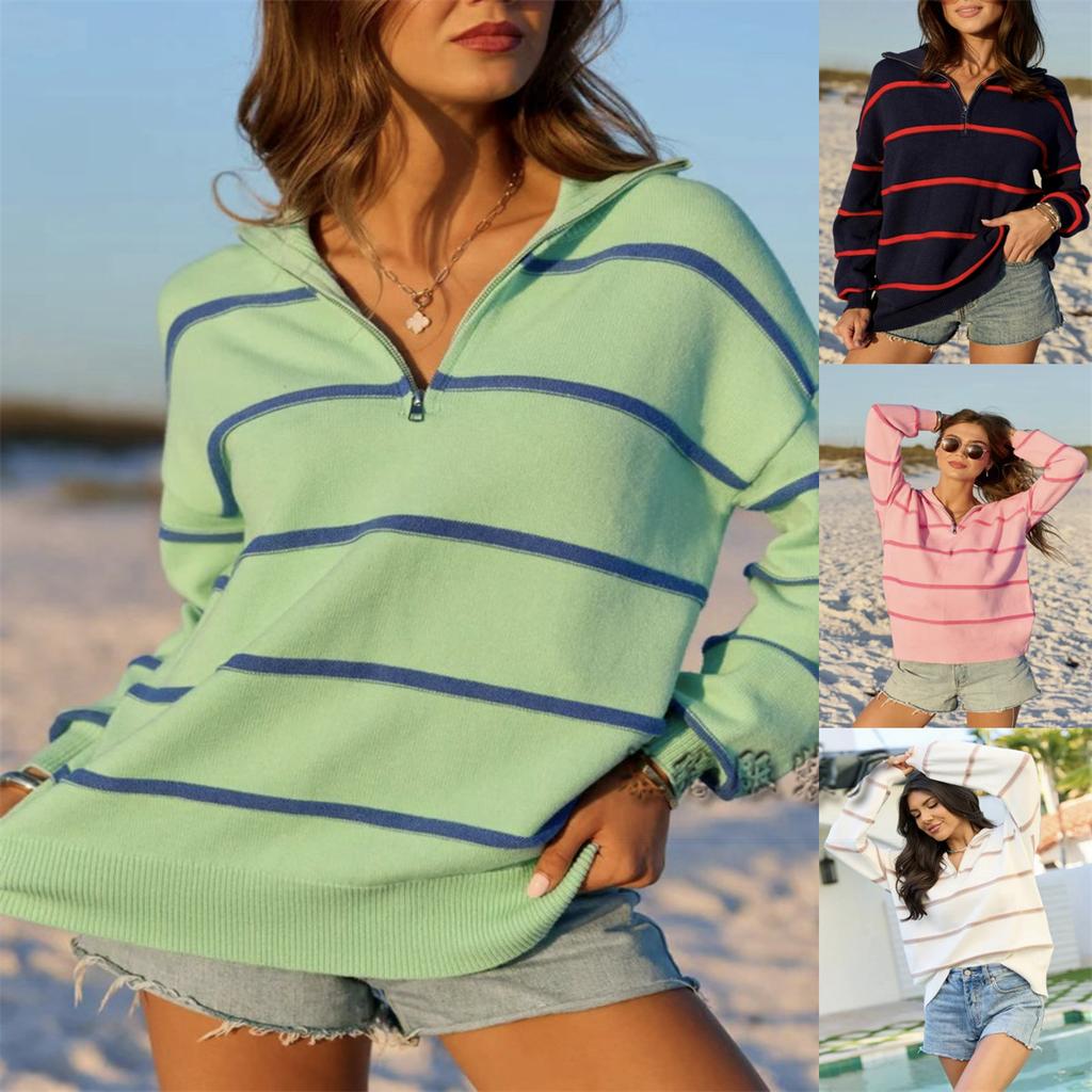 Women's Striped Half Zip Long Sleeve Pullover Sweatshirt Casual Loose Fit Top