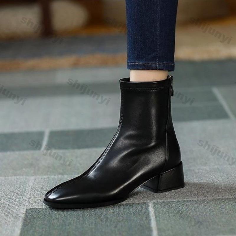 Winter Women's Boots New Square Toe High-heel Short Boot 2024 Autumn Winter Anti Slip Outdoor Fashion Retro Zipper Chelsea Boots
