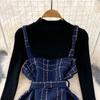 Sweet Two Piece Plaid Tweed Set Women Autumn Winter Base Sweater and Spaghetti Strap Mini Short Dresses Suits