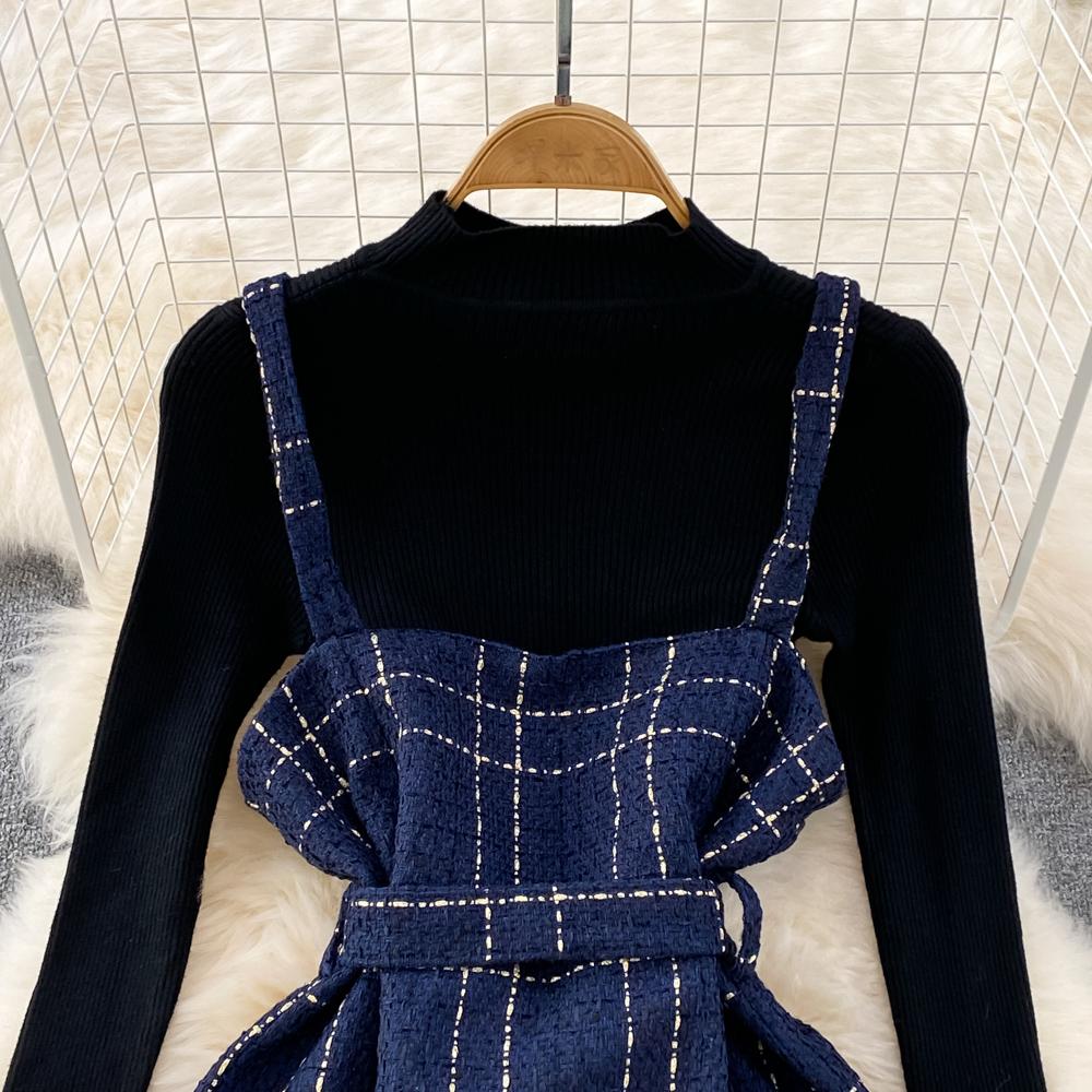 Sweet Two Piece Plaid Tweed Set Women Autumn Winter Base Sweater and Spaghetti Strap Mini Short Dresses Suits