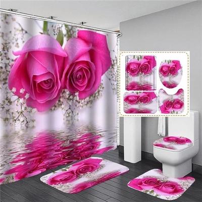 Rose Flower Shower Curtain Set Non-Slip Rugs Bath Mat Toilet Lid Cover and 12 Hooks Waterproof Polyester Bathroom Decor