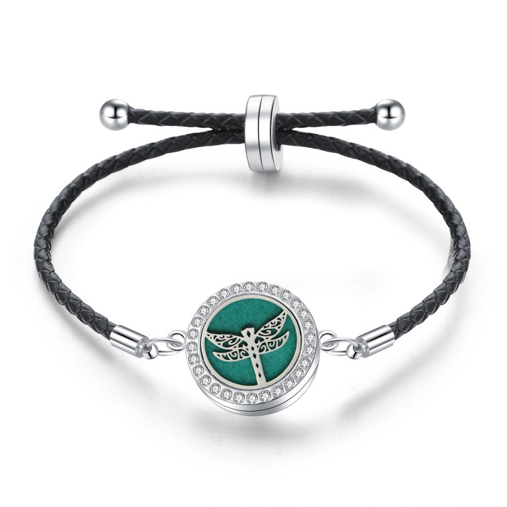 Stainless Steel Tree of Life Aromatherapy Bracelet with Diamonds and Leather Band
