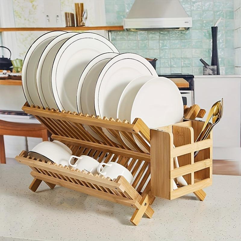 1 Pc Foldable Bamboo Tableware Drain Rack 2 Layer Large Countertop Drying Rack with Bowl Cup and Cutlery Holders Kitchen