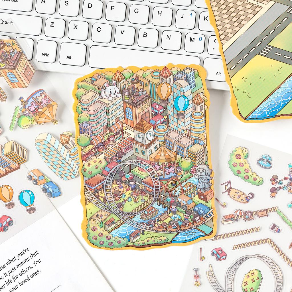 12 Sheets/4 Bags City Theme 3D Scenery Stickers Stress Relief Game For Scrapbooking DIY Collage Phone Case Frame Decoration