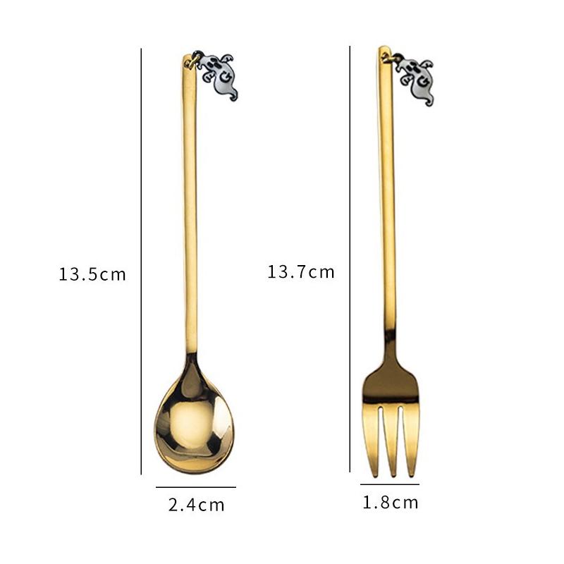 

Набор столовых приборов на Хэллоуин из нержавеющей стали, золотая ведьма, привидение, столовая посуда, чай, фрукты, ложка, вилка, набор для десерта на Хэллоуин, торт, ложка
