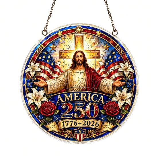 Acrylic Jigsaw Puzzle Suncatcher, US 250th Anniversary DIY Sun Catcher Kit, Stained Glass Style Patriotic Window Hanging Ornament for Independence Day