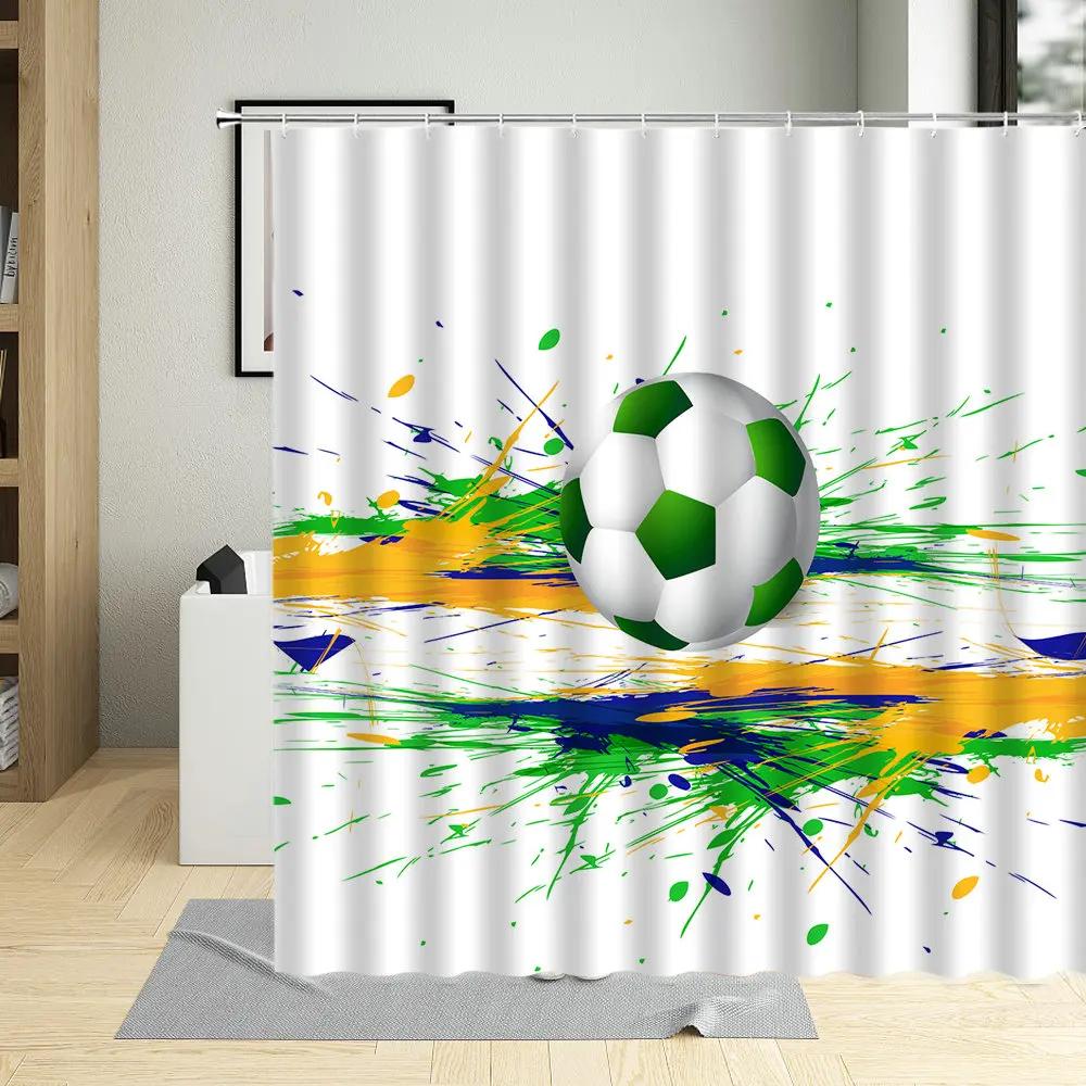 Football Sports Design Shower Curtain, Polyester Fabric, Waterproof, Boys Home Decor, Screens with Hooks, Cartoons Bathroom