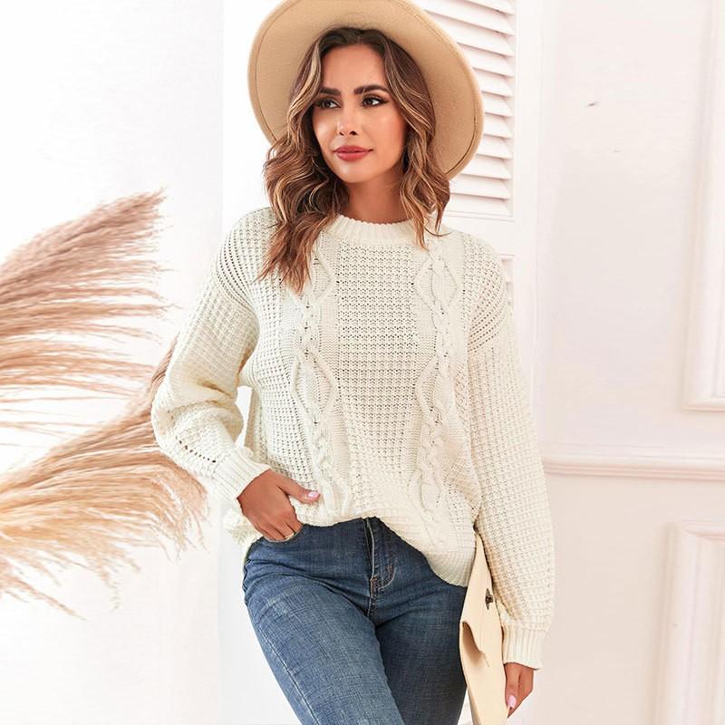 Womens Solid Color Crew Neck Knit Sweater With Cable Twist Detail Long Sleeve Casual Pullover Winter