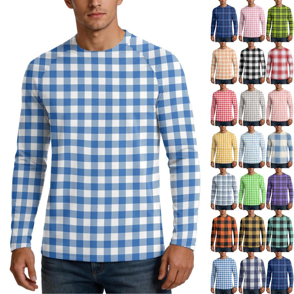Men Long Sleeve UPF 50 Plus Sun Protection Shirt Outdoor Sports Fishing Casual Top Lightweight Breathable Quick Dry Crewneck Plaid Design