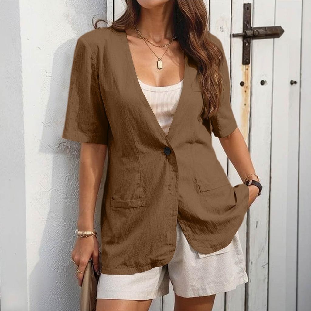 Women's  Work Casual Short Sleeve V-Neck Single Button Solid Color Coat