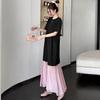 DIMANAF 2026 Summer New Plus Size Women Black Pink Color Short Sleeve Loose Shirt Dress Fashion Lady Long Dress