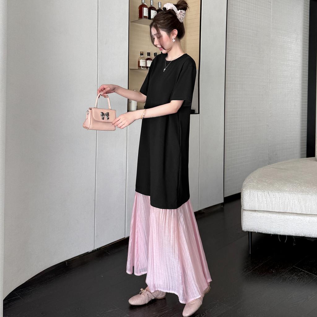 DIMANAF 2026 Summer New Plus Size Women Black Pink Color Short Sleeve Loose Shirt Dress Fashion Lady Long Dress