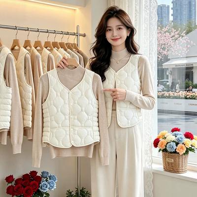 Down Cotton Vest Women's Autumn and Winter New V-neck Short Warm Inner Vest Slim Vest Sleeveless Velvet Vest