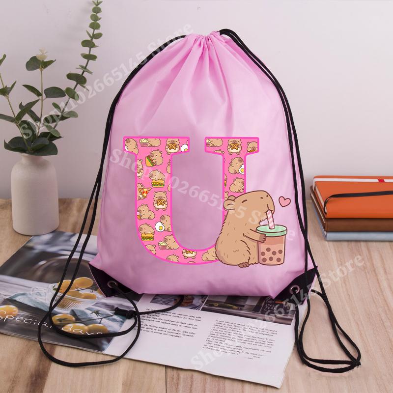 Capibara Girls Drawstring Backpack Cute Capybara Letter A-Z Storage Bag Kids Outdoor Sport Travel Rucksack Children Gifts