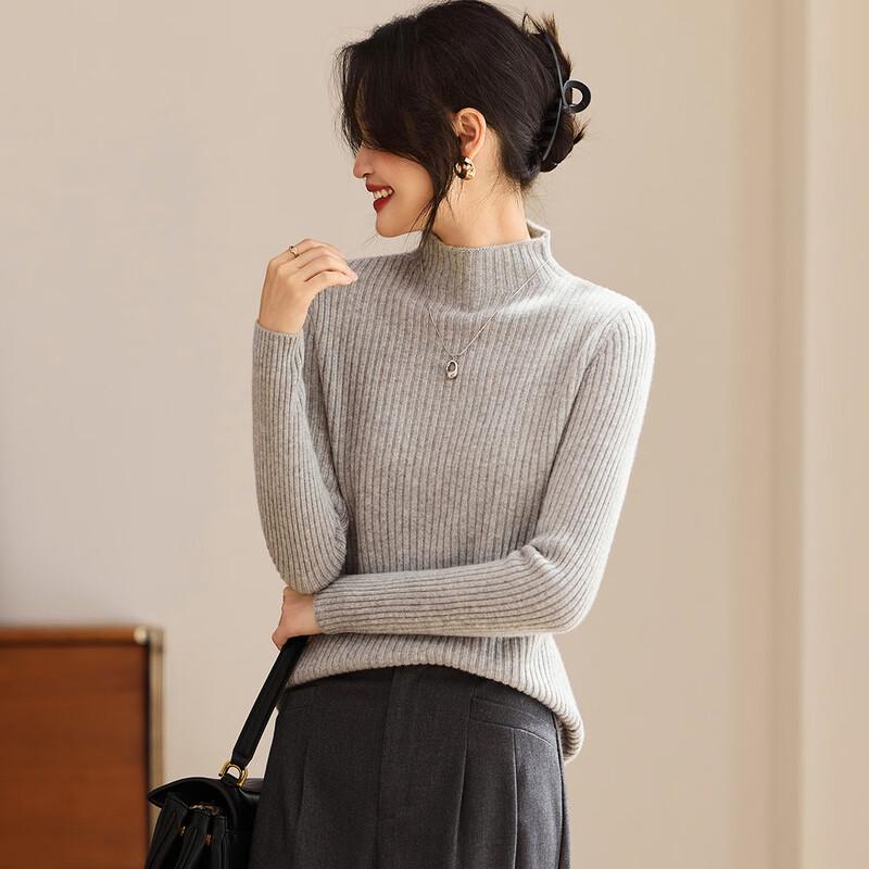 Srcr Women's Thickened Half-High Collar 100% Cashmere Ribbed Sweater