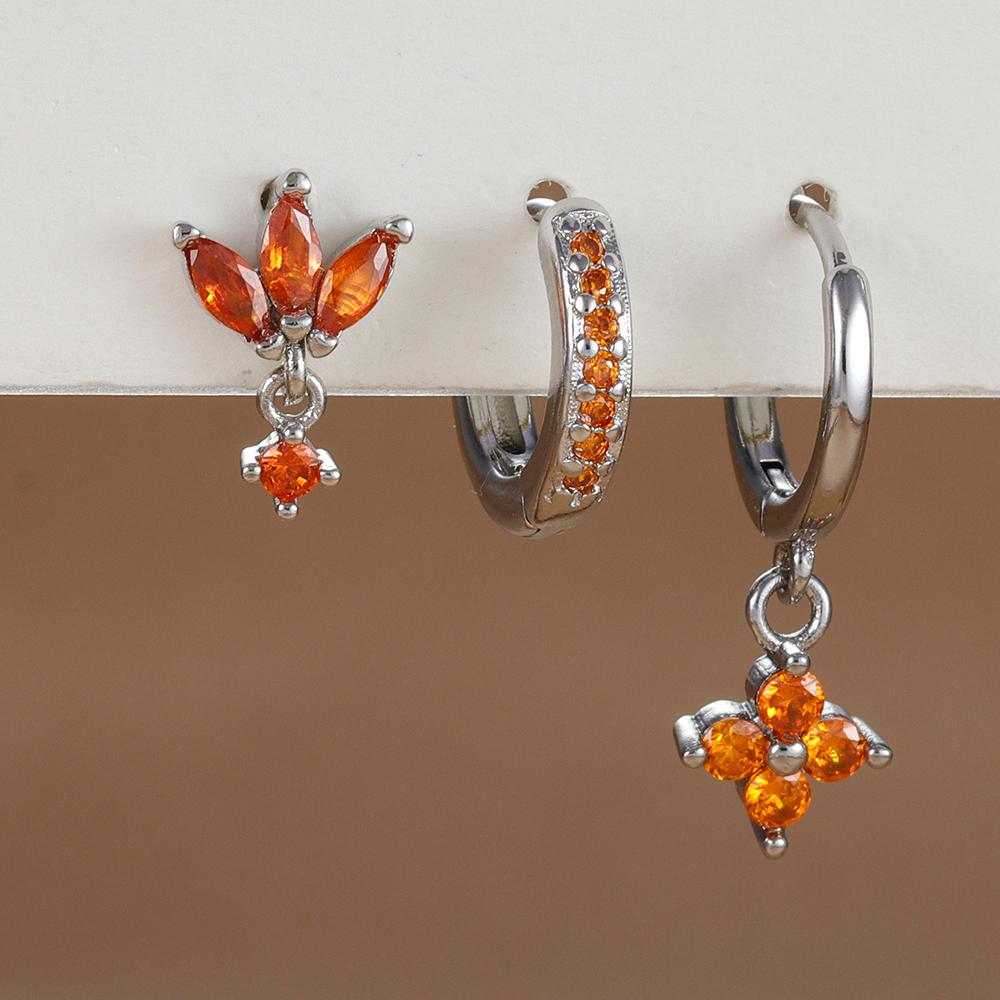 3-teiliges Modisches Orange Blau Zirkon Hängende Ohrringe Set für Damen Edelstahl Blume Dangle Ohrring Piercing Schmuck