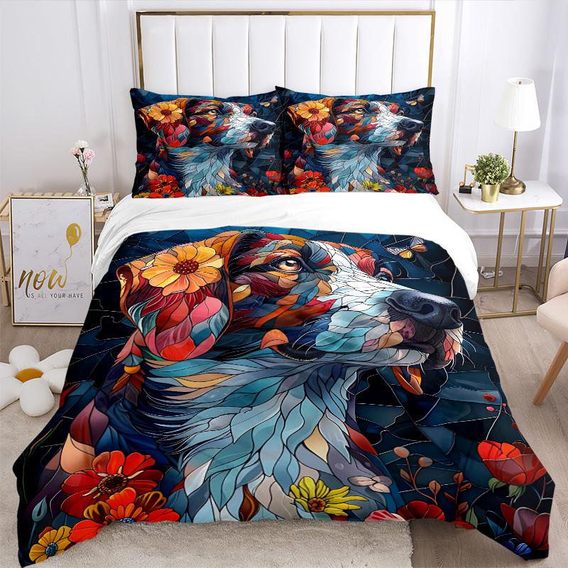 3pcs Stained Glass Dog Duvet Cover Set, 1 Duvet Cover + 2 Pillowcases (No Insert), High-Definition Print, Home & Dorm yy251123041