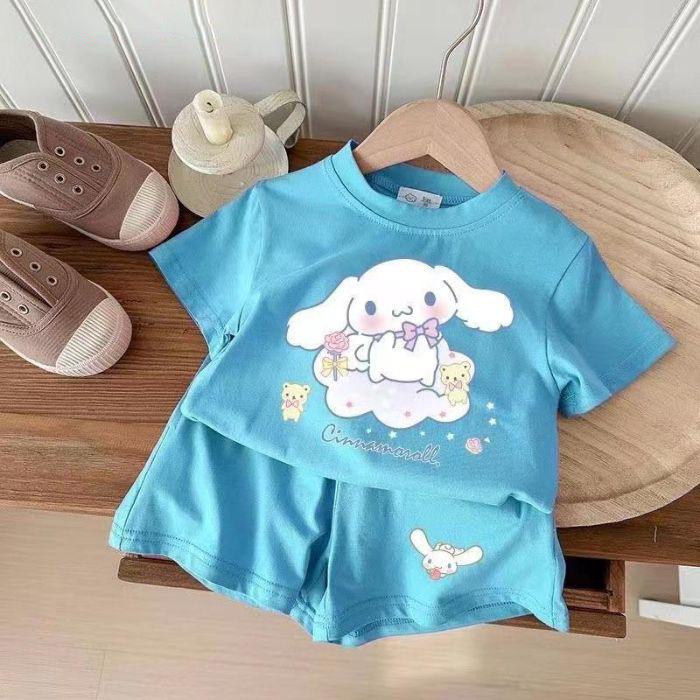 Baby Girl Summer Short Sleeve T Shirt and Shorts Set with Cute Cartoon Print