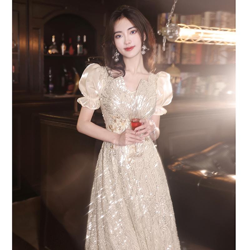 sequined evening dress dress female French long light luxury niche host banquet party shining evening dress