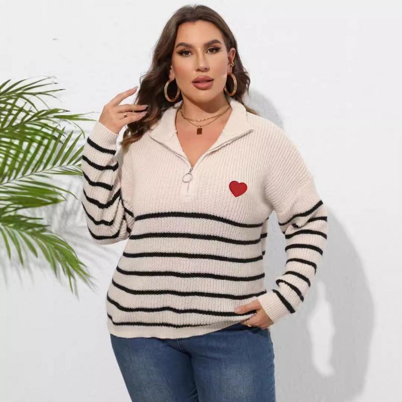 

Women s Pullover Sweater Plus Size Women s Clothing Striped Patchwork Half Turtleneck Zipper Heart Knitted Sweater 3XL абрикосовый