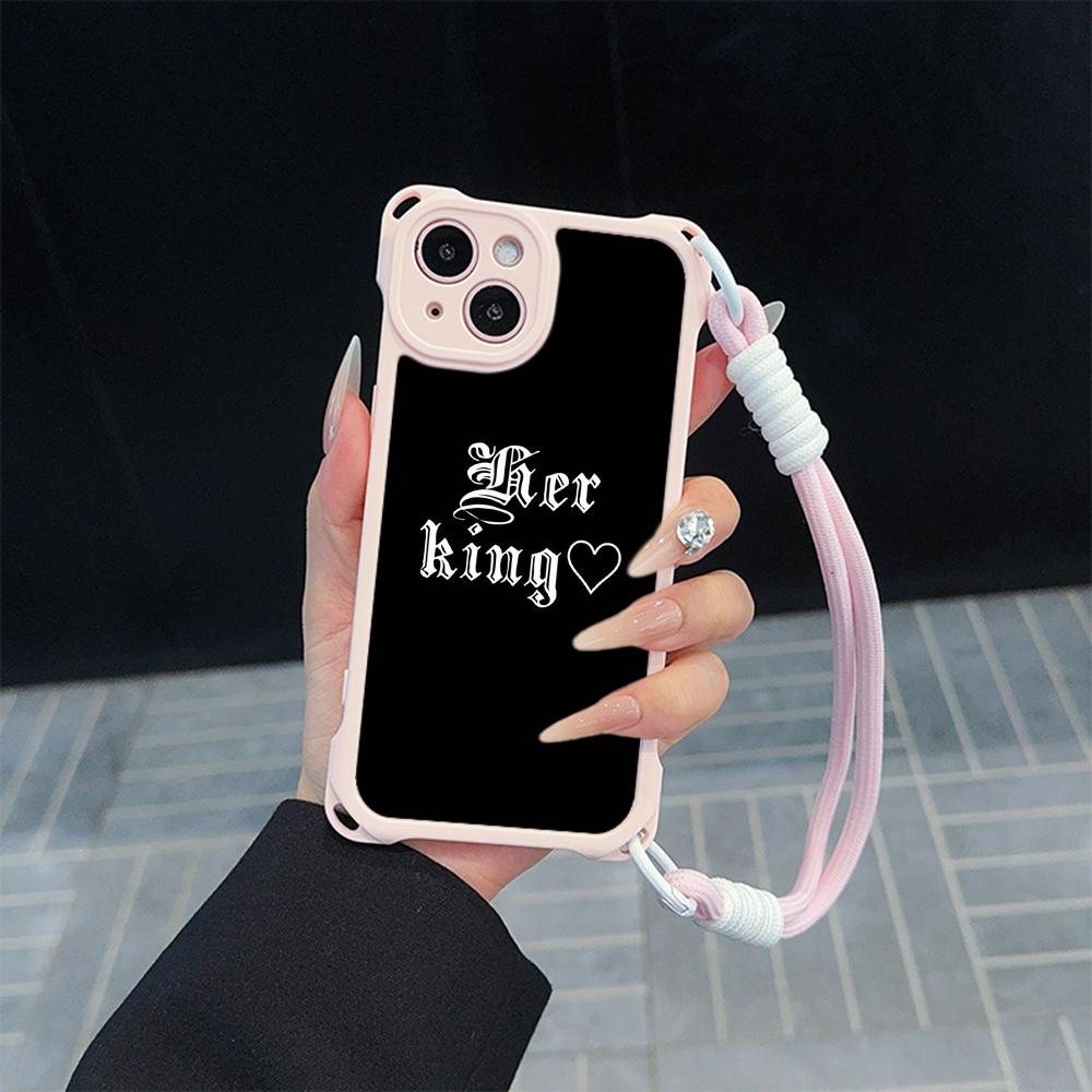 Ae84 King Queen Couple Art Soft Phone Cases for iPhone 16 15 14 13 12 11 Pro Max 8 7 Plus XR XS with Wrist Strap Lanyard Corner Protection Back Cover