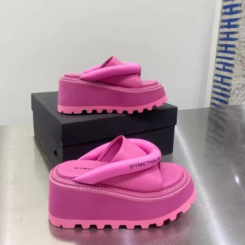 Fashion Women Slippers Summer Wedges Round Toe Women's Sandals Black Pink High Heels Platform Dress Women Flip-flops Zapatillas De Mujer