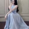 French blue neck sling dress women's summer new small seaside vacation fairy dress