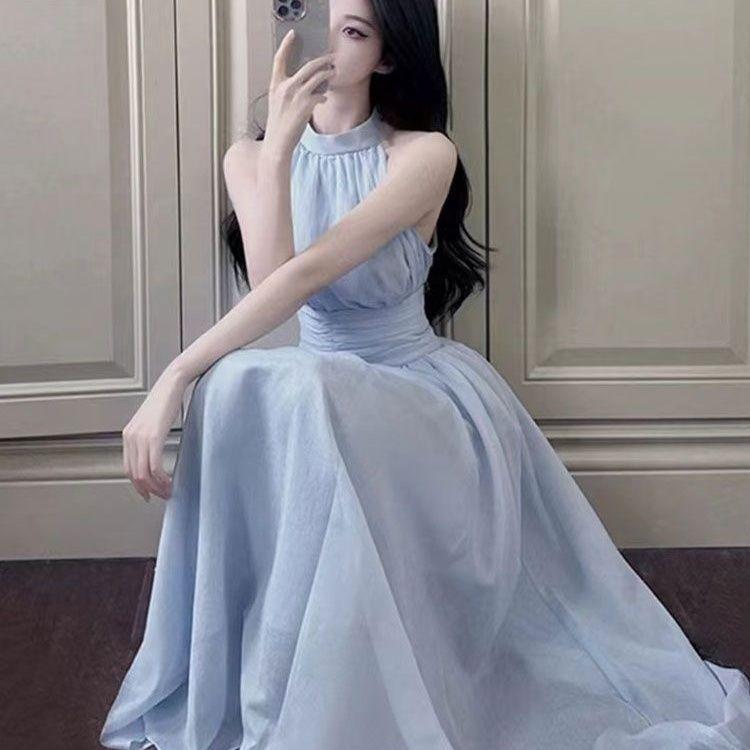 French blue neck sling dress women's summer new small seaside vacation fairy dress