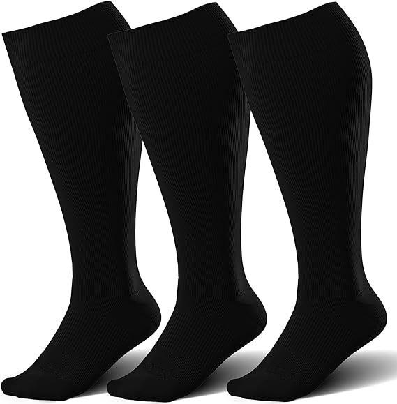 Three Pairs Wide-Calf Compression Socks: Plus Size Knee-High Support for Men & Women, Odor-Resistant Sports Socks