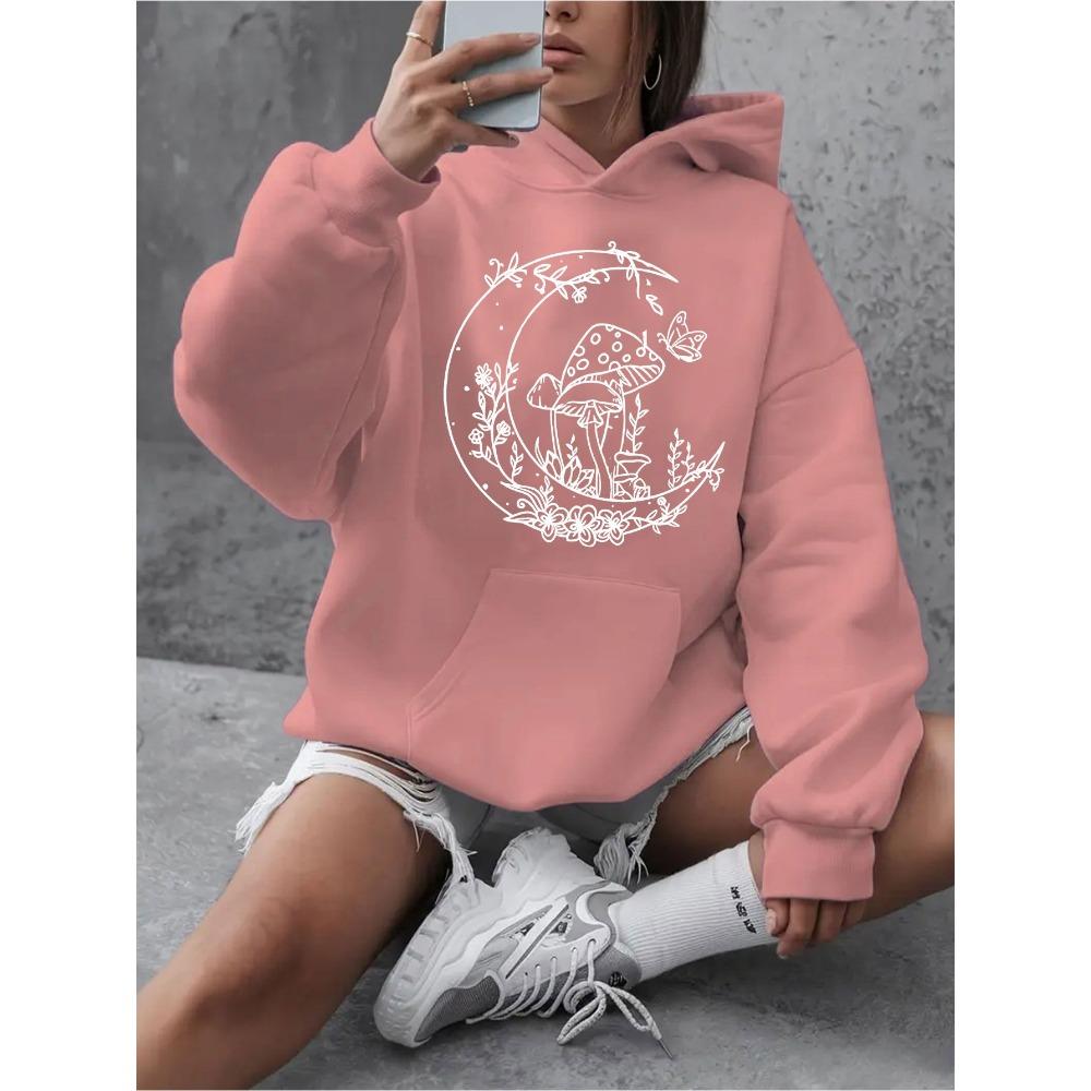 

2025 Autumn and Winter Women s Hoodie Black Simple Moon Floral Mushroom Pattern Printed Hooded Pullover Sweatshirt Personality XL