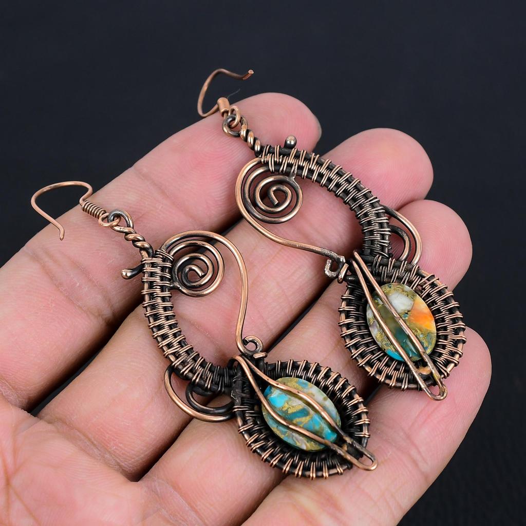 Orange Spiny Oyster Earrings, 999 Copper Wire Wrapped Earrings, Handmade Gemstone Jewelry Earrings For Memorial Day