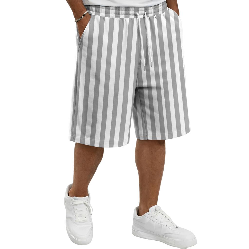 Mens Casual Striped Drawstring Shorts Relaxed Fit Elastic Waistband Lightweight Breathable Fabric Knee Length Pants