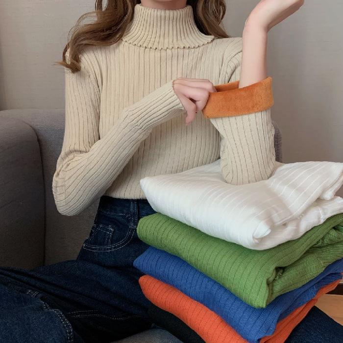 Sweater Women's Turtleneck and Velvet Knitwear Pullover Pure Color Korean Fluffy Trending Sweater Autumn and Winter Top