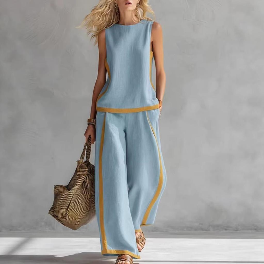 New Women's Sleeveless Color Block Wide Leg Pants 2-Piece Set, Summer Casual Fashion Outfit For European American