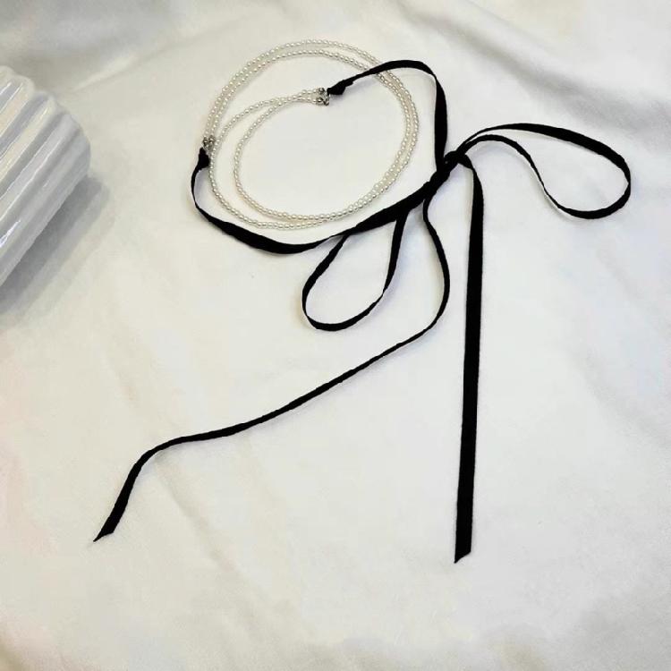 Chic Ribbon Necklace Pendant Necklace Double Layer Necklace Beads Necklaces