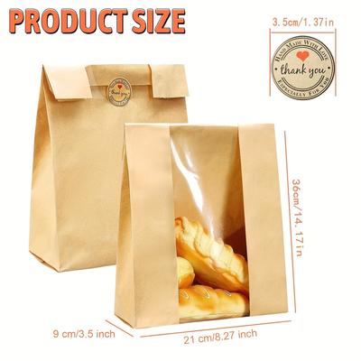 Large Baking Paper Bags 24Pcs 14x8x3 5in Kraft Bread Bags with Clear Window and Thank You Sticker for Homemade Sourdough