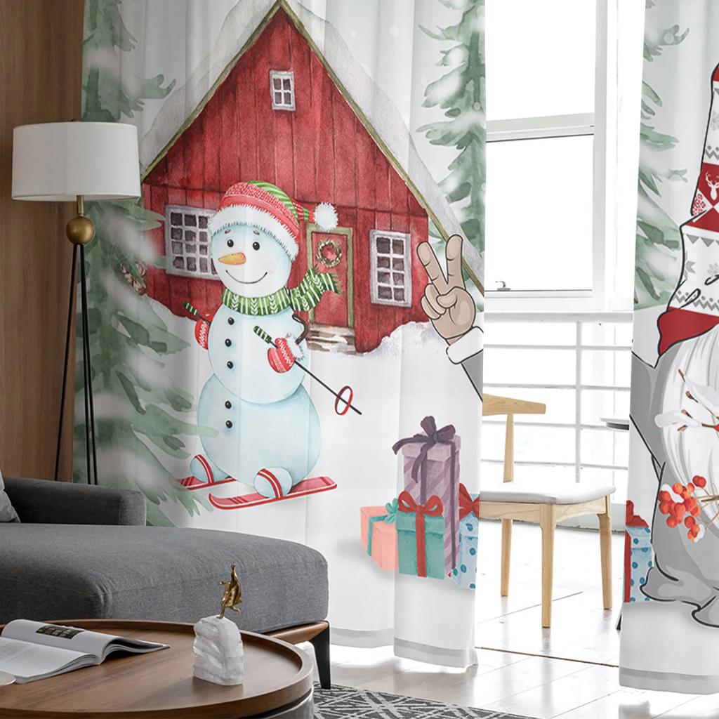 Light Filtering Christmas Snowman Snow Scene Tulle Curtains Living Room Bedroom Decoration Transparent Chiffon Voile Window Curtain Polyester Washable
