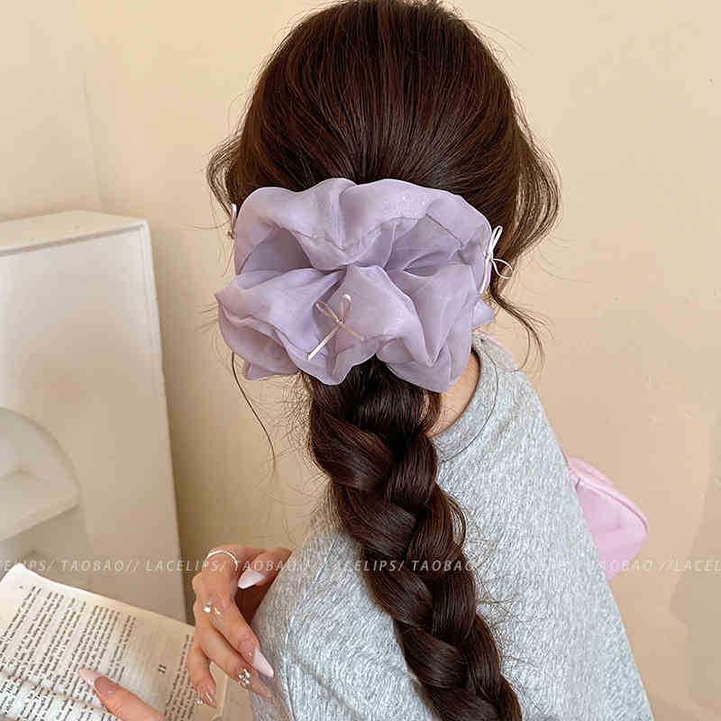 Korean Style Sweet Bow Fluffy Mesh Hair Tie for Women's Bun