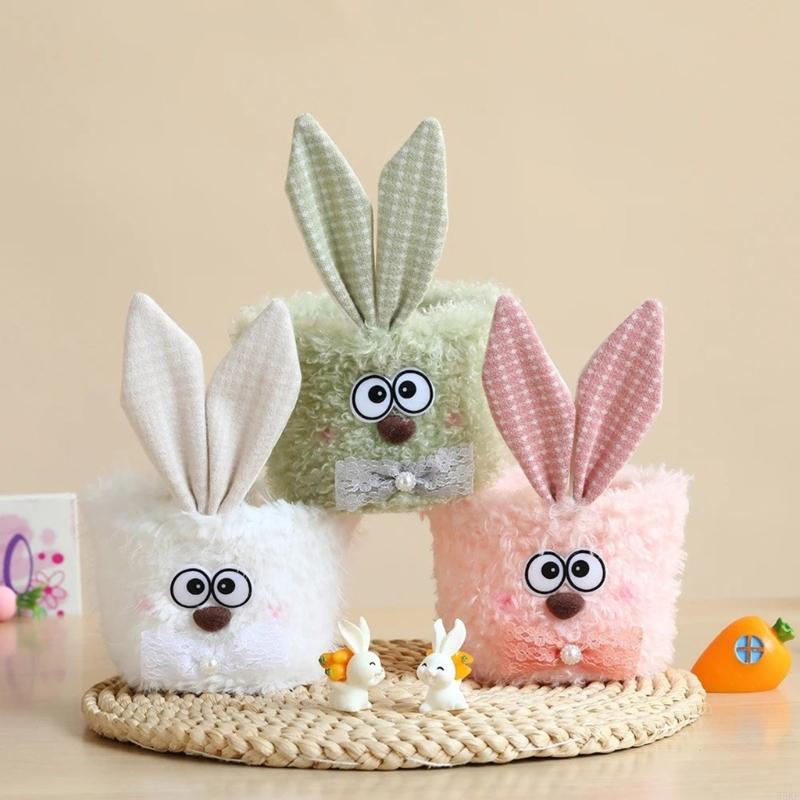55KF Bunnies Easters Buckets with Long Plush Ear Easters Eggs Baskets Easters Party Decors Candy Bowl Easters Basket