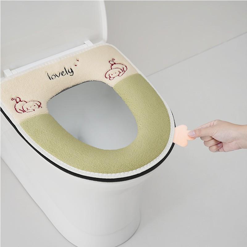 Plush Toilet Seat Cover With Zipper Winter Use Soft Thick Universal Fit Home Bathroom In Green Gray Blue Pink