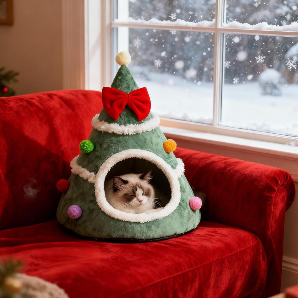 Christmas Tree Cat Bed Cold Weather Furniture Christmas Pet Indoor House for Cat for Small Medium Large Breeds Living Room