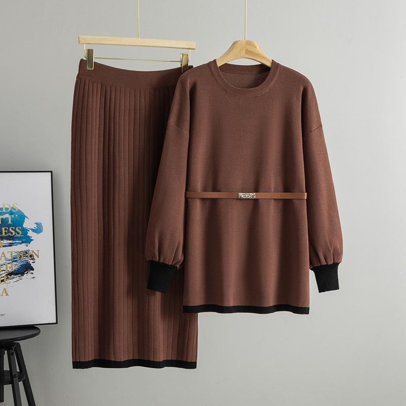 

European Style Round Neck Sweater Skirt Set for Women - Spring/Autumn Knit Two-Piece Dress One Size кофейный