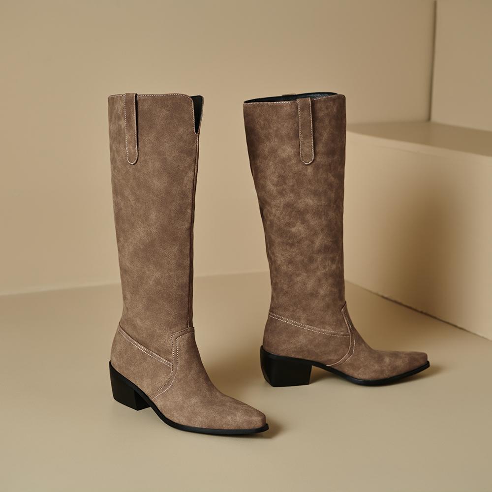 Grey Black Women Knee High Boots High Square Heel Small Big Size 32 48