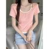Contrast Color Fake Two-piece Button Design Short-sleeved Slim Light Green White T-shirt Women's Summer Short Top
