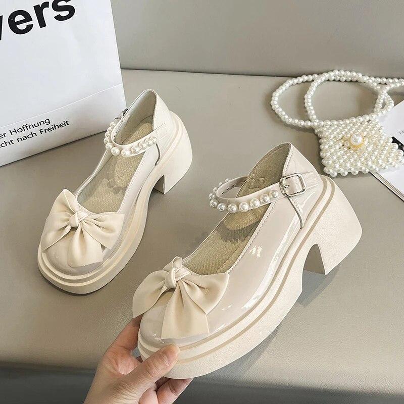 

Женские туфли Мэри Джейн в стиле Лолиты на толстой платформе, вечерние туфли-лодочки, летние 2024, новые сандалии с бантом и цепочкой, женская обувь, модные оксфорды, Zapatos 35 бежевый